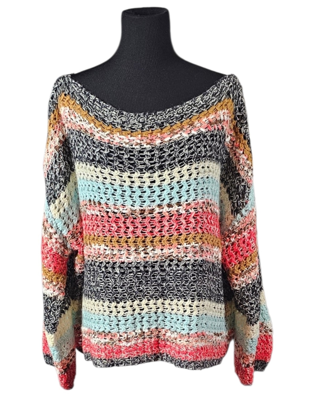 BiBi Oversized Open Knit Striped Boho Sweater XL